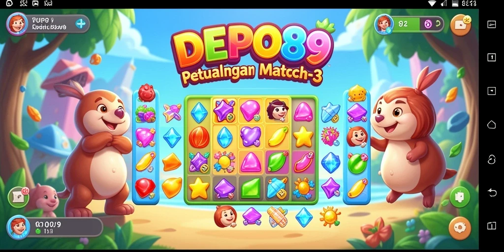 Tampilan permainan DEPO89 dengan grafis Match-3 yang cerah dan menarik.