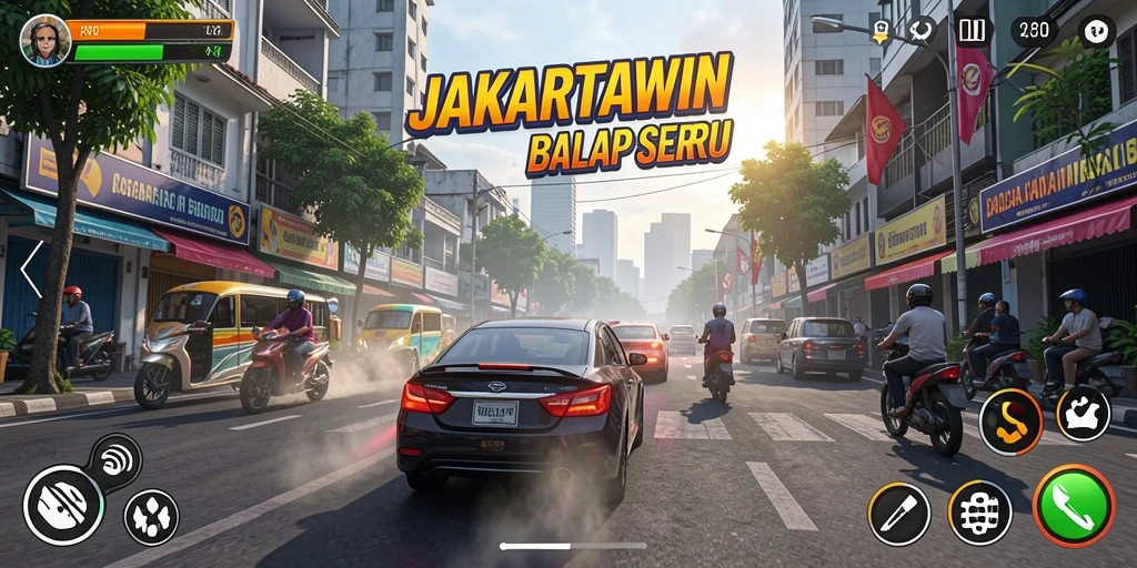 Gameplay balapan JAKARTAWIN yang menegangkan dan seru.