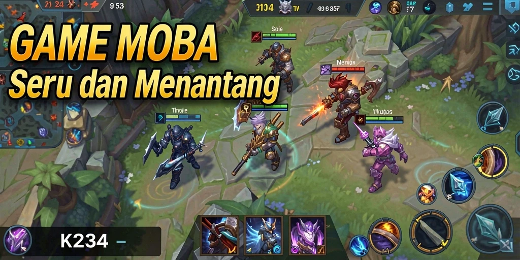 Tampilan gameplay K234 yang intens dan epik dalam arena MOBA.