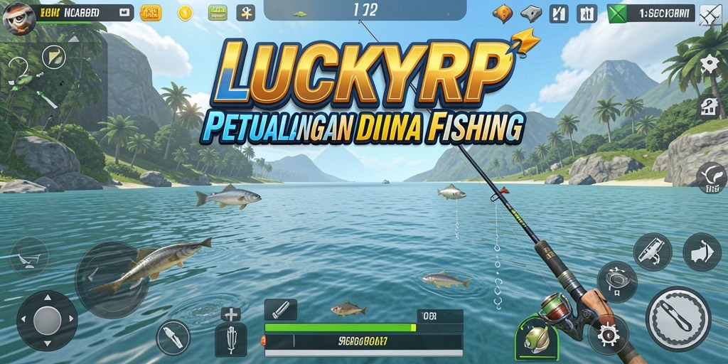 Screenshot utama LUCKYRP menunjukkan pemain sedang menangkap ikan di pemandangan laut yang menawan.