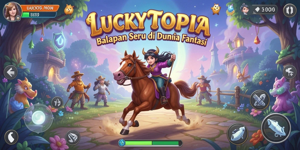 Screenshot gameplay LUCKYTOPIA menampilkan balapan menegangkan di trek yang menakjubkan.