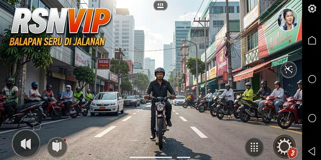 Tangkapan layar gameplay <strong>RSNVIP</strong> yang menunjukkan balapan seru dan jalanan yang menantang.