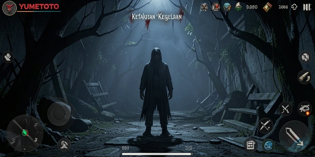 Screenshot utama YUMETOTO menampilkan suasana gelap yang menegangkan dan makhluk menyeramkan.